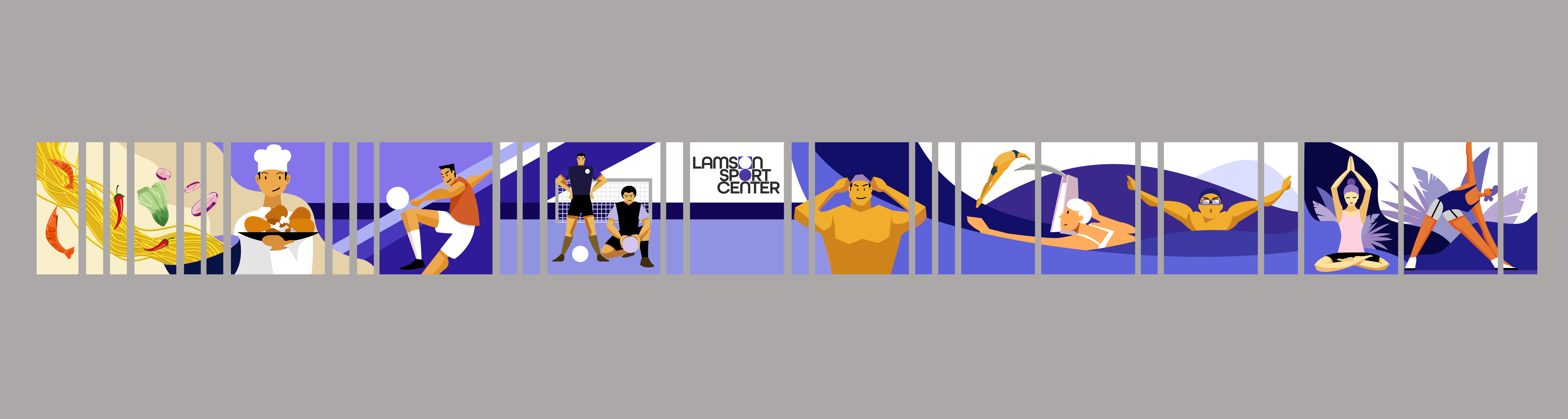 Mosaic minh hoạ các hoạt động tại Lamson Sport Center: ẩm thực, thể thao, bóng đá, gym, bơi lội, yoga